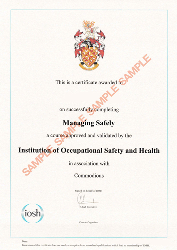 IOSH Managing Safely sample certificate