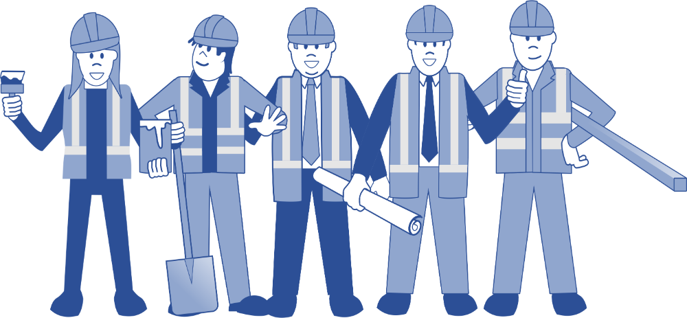 A group of construction workers in a variety of roles A group of construction workers in a variety of roles