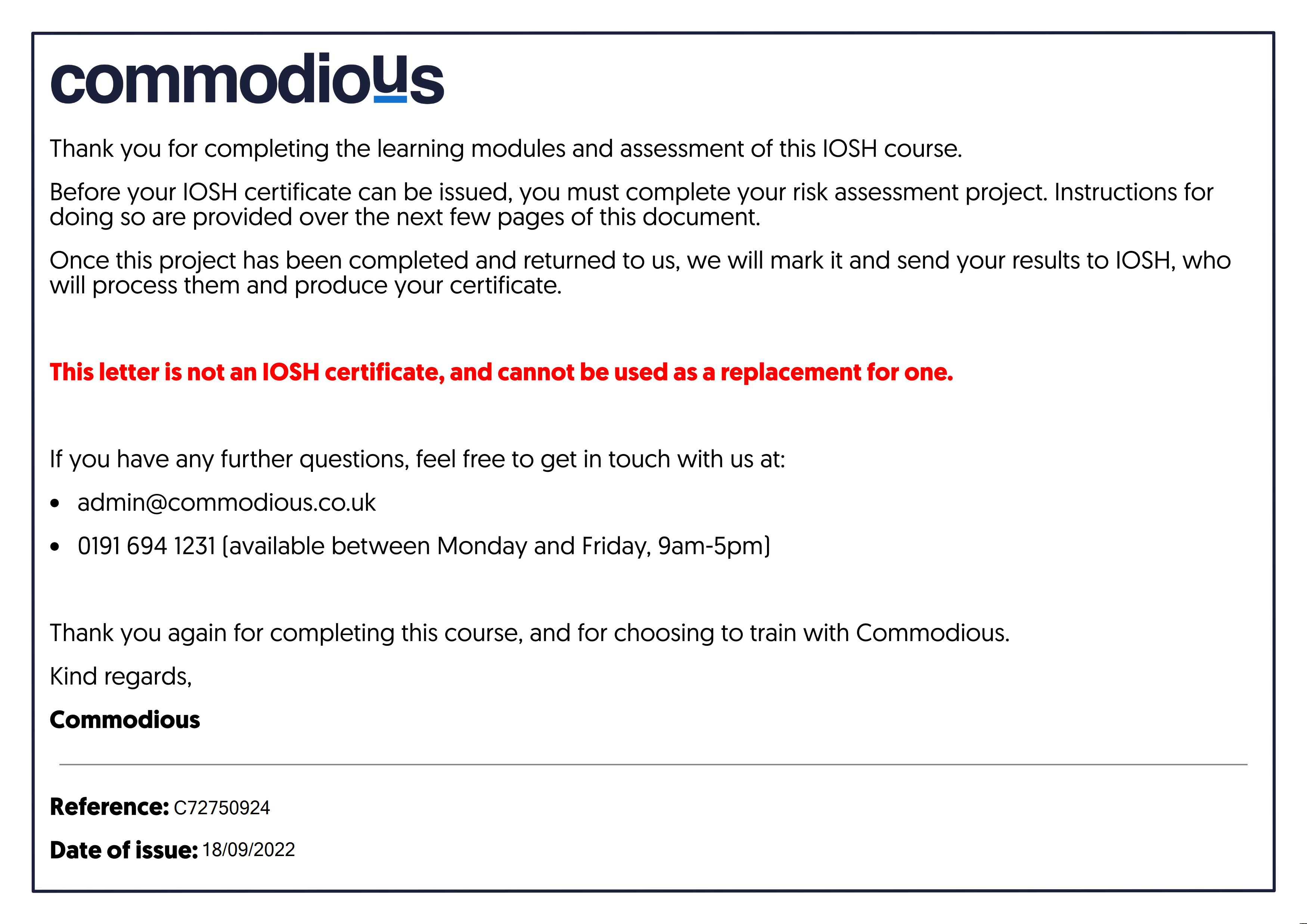 Commodious certificate C72750924