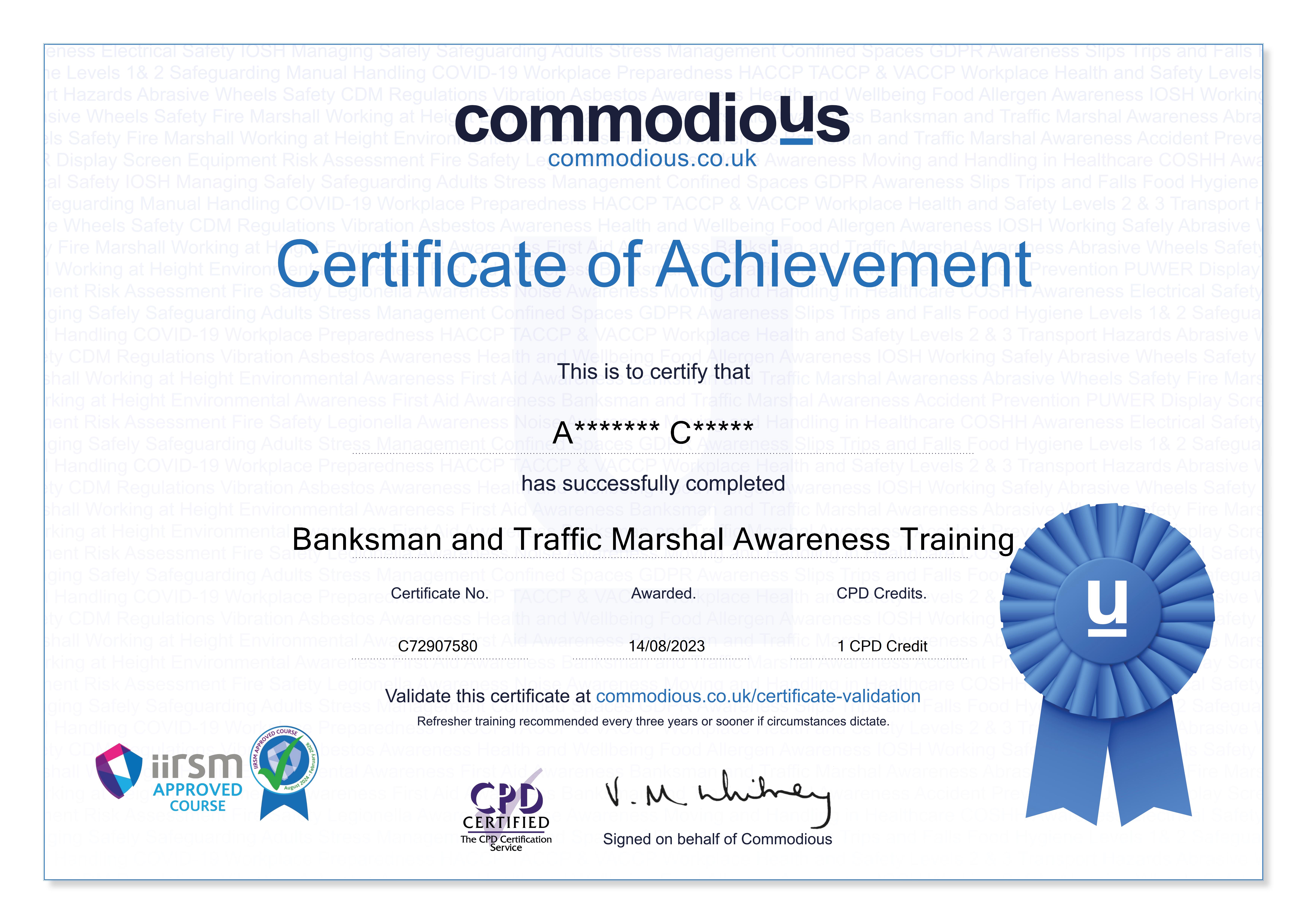 Certificate C72907580 awarded for the successful completion of Banksman ...